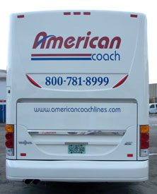 Cut Vinyl Lettering: American Coach bus line fleet graphics.