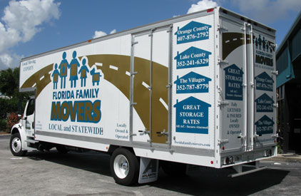 Cut Vinyl Lettering: Family Movers Box Truck with cut vinyl lettering and graphics.