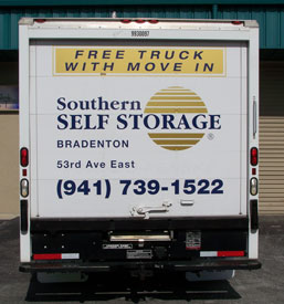 Cut Vinyl Lettering: Southern Storage box truck with cut vinyl lettering.