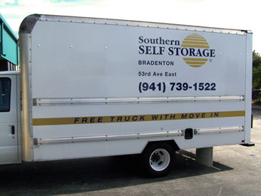 Cut Vinyl Lettering: Southern Storage box truck with cut vinyl lettering.