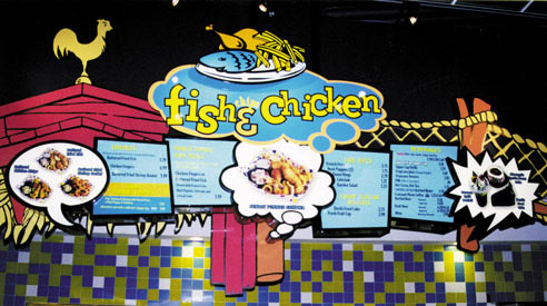 Signs: Custom Routed Menu Board with Printed Vinyl Graphics - Fish and Chips.