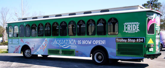 Vehicle Wraps: Trolley Partial Wrap 2 for Aquatica Seaworld's Water Park.