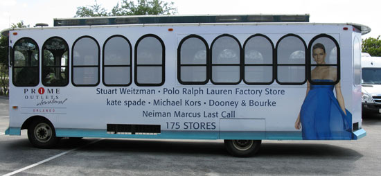 Vehicle Wraps: Full Trolley wrap for Outlet Mall.